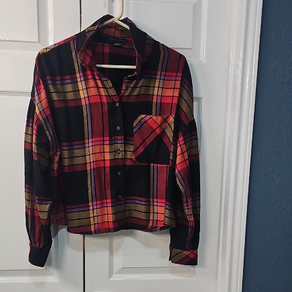 Sanctuary Women's Plaid Crop Button Down Festival Long Sleeve Top Large